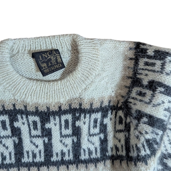 Peruvian Made 100% Alpaca Gray/Cream Fairisle Soft Chunky Winter Sweater Sz L - Picture 2 of 8